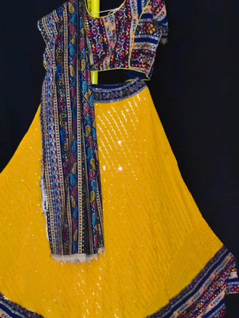 Traditional Kids Yellow Lehenga Choli with Navy Embroidered Dupatta